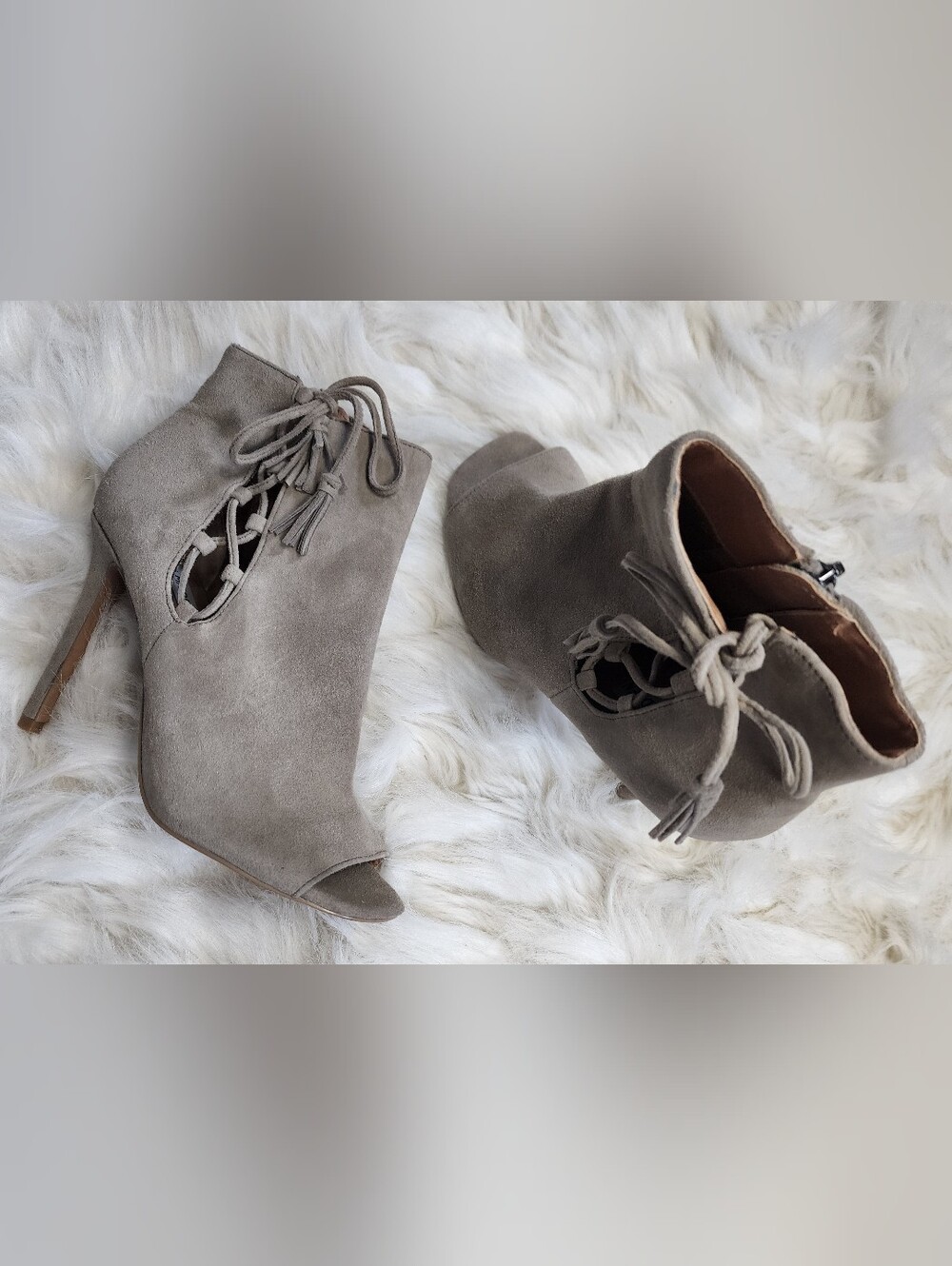 Women's Suede Peep-Toe High Heel Booties in Taupe SIze 9
